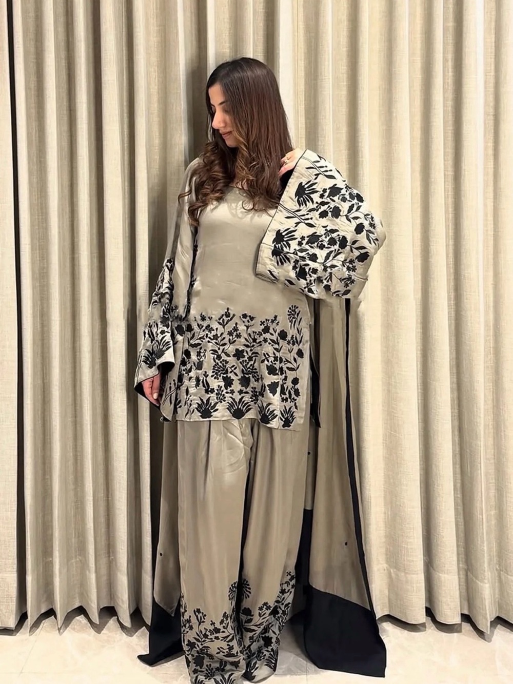 Embroidered oliveGrey Three-Piece Set with Black Floral Motif